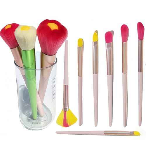 Beautiful Makeup Brush Set for Girls, 10pcs Kawaii Fan Cute Daisy Flower Red Makeup Brushes Kit of Powder Blush Eye Shadow Brush for Teens Women Girls