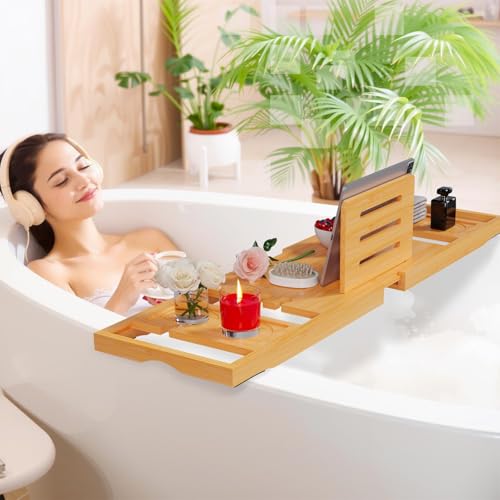 Bamboo Bathtub Caddy Tray – Expandable, Waterproof Bath Organizer