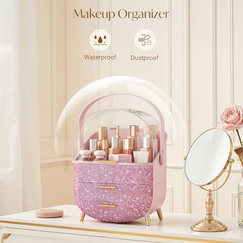 Bling Makeup Organizers for Teen Girl Gifts, Cosmetic Display Case with Clear Cover, Vanity Makeup Organizers for Lipstick Perfume Lotion and Skincare, Pink Diamond