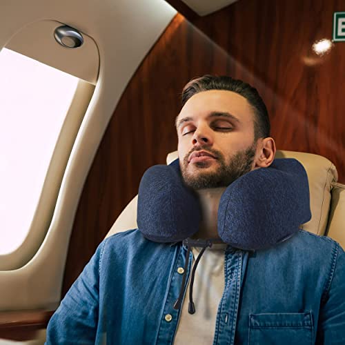 napfun Neck Pillow for Traveling, Upgraded Travel Neck Pillow for Airplane 100% Pure Memory Foam Travel Pillow for Flight Headrest Sleep, Portable Plane Accessories, Full Dark Blue, Medium (120-200LB)