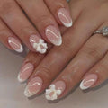 XZMeiLun 506-Short Almond French Tip Press On Nails with 3D Pearls & Pink Bow, 30 Pcs, 15 Sizes (Glue Not Included) - Reusable