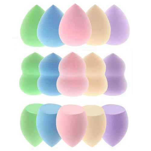 15 Pcs Makeup Sponges Set - 3 Shapes Beauty Blender Kit for Liquid, Cream & Powder Foundation, Concealer - Multi-Colored Soft Cosmetic Sponges (Pink/Nude/Purple/Green/Blue)