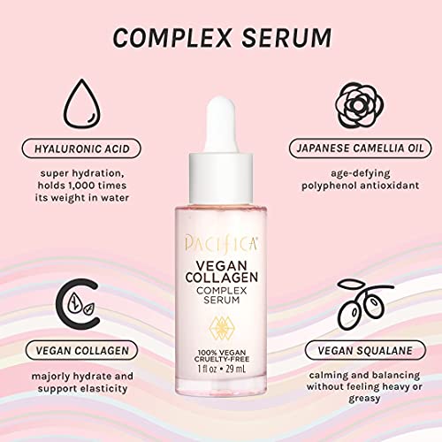 Pacifica Beauty Vegan Collagen Complex Serum, Hyaluronic Acid, Hydrating & Moisturizing for Aging and Dry Skin, 100% Vegan & Cruelty Free, Sulfate, Silicone + Paraben Free