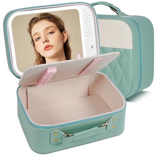 M-Box Travel Makeup Bag With LED Mirror, Protable Size Makeup Case Travel Cosmetic Bags Brush Organizer Storage Box, Rechargeable Vanity Mirror, Cosmetic Travel Bag for Women. (Mint-white)