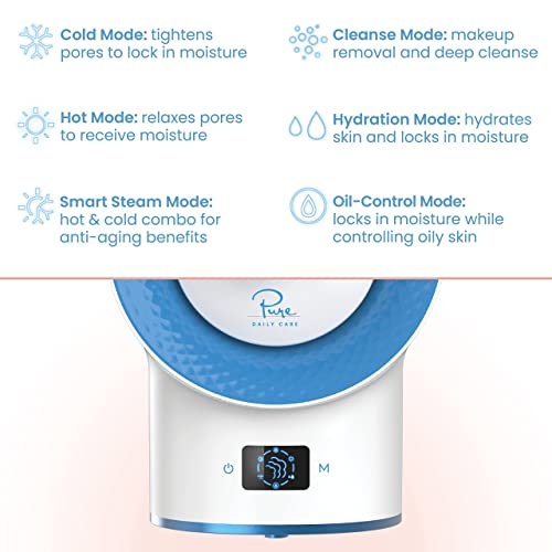 Pure Daily Care NanoSteamer Clinical 10-in-1 Smart Dermatologist Grade Ionic Facial Steamer - 2 Multi-Position Face Steamer Nozzles for Aromatherapy - 6 Pre-Porgrammed Modes - Include Extraction Set