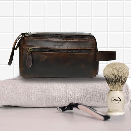 Leather Toiletry Bag for Men ? Handmade Travel Kit, Small Leather Shaving & Toiletry Organizer, Durable Waxed Canvas Lining (Dark Brown)