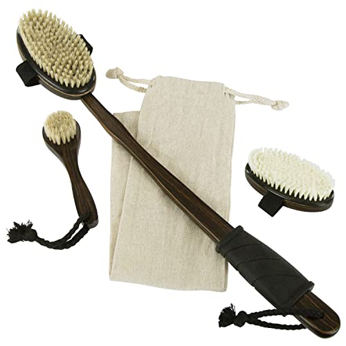 Vive Dry Brush Set for Lymphatic Drainage (3 Pieces) - Brushing Scrubber for Exfoliating, Body Cellulite and Skin Massage - 100% Natural Boar Hair Bristles, 14¡± Long Dark Wooden Handle w/Storage Bag