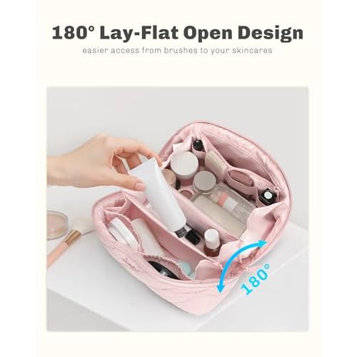 Hynes Eagle Travel Makeup Bag for Women Puffy Cosmetic Organizer Pouch Open Flat Toiletry Bag for Toiletries, Brushes Pink