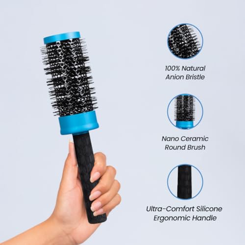 ForPro Professional Collection Expert Stylist Choice Nano Ceramic Hair Brush, 100% Natural Anion Bristle, Silicone Ergonomic Handle, 2" Ceramic Round Brush, Matte Blue