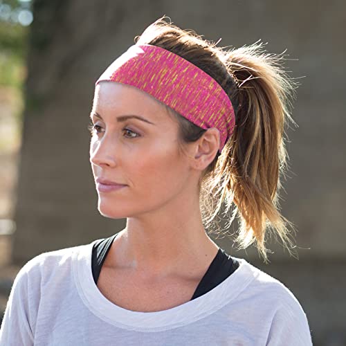 Bondi Band Headbands for Women, 4 Inch Tapered Running Headbands That Stay In Place, Absorbent, Moisture Wicking, Colorful Static Print, Pink/Orange