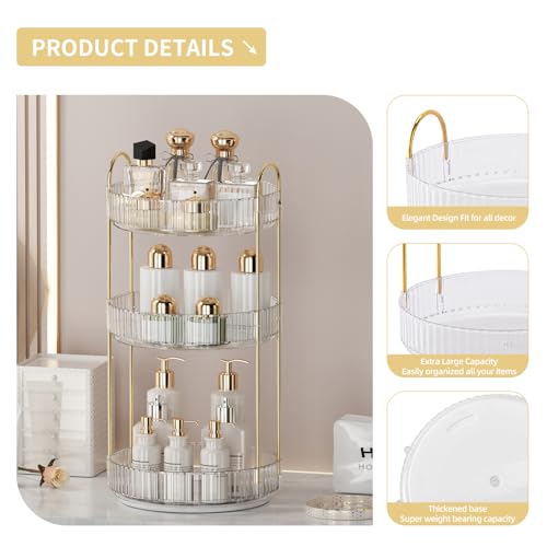 360¡Æ Rotating Makeup Organizer for Vanity - 3 Tier Perfume Organizer with Large Capacity - Skincare Organizer for Bathroom Counter - Space-Saving Cosmetic Storage for Dresser Countertop (Clear)