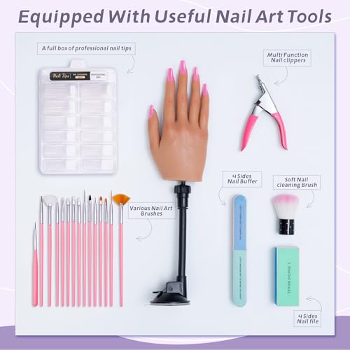 Practice Hand for Acrylic Nails,Realistic Silicone Mannequin Hand with Flexible Fingers for Acrylic Nails, Gel Polish Training, Complete Nail Art Beginner Set with Brush & File