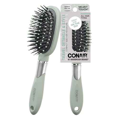 Conair Velvet Touch oval cushion hair brush - Travel Hairbrush- Detangling - ideal for curly or straight styles - detangler brushes - women or men - Sage Green