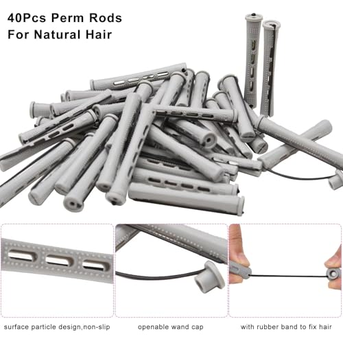 FEEL ME 40 Pcs Heatless Grey Perm Rods Set for Short to Long Hair - Non-Slip Salon Curlers