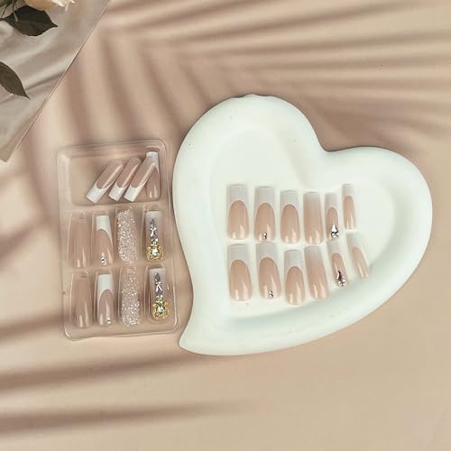 Sokfone Press on Nails French Tip False Nails Square Long Fake Nails with Heart-Shaped 3D Rhinestone Charm Designs Acrylic Nails Full Cover Nail Decorations Stick on Nails for Women 24Pcs