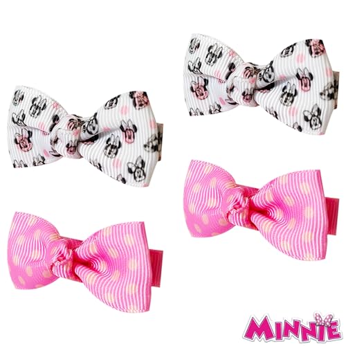 LUV HER Baby Girl Hair Clip, Minnie Mouse, Pink/White, 4 Pieces, Soft Fabric, Fully Lined, Newborn Hair Accessory