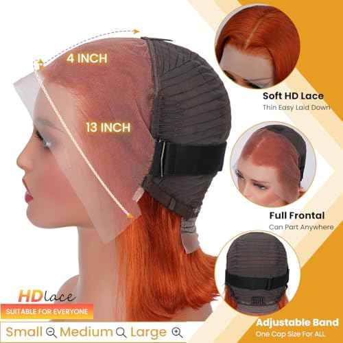 Ginger Wig Human Hair 13x4 HD Lace Front Bob Wigs 180% Density Lace Frontal Glueless Wigs Human Hair Pre Plucked Bob Wig 14 Inch Ginger Orange Short Straight Bob Wigs For Black Women