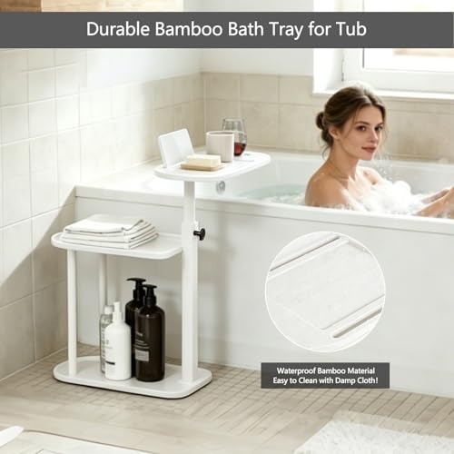 Bamboo Bathtub Tray Table with 3 Storage Layers, Height Adjustable
