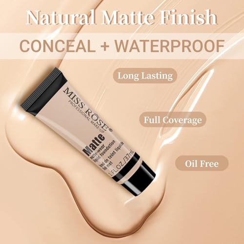 Liquid Foundation Cream, Full Coverage Matte Concealer Base Primer for Face Makeup, Waterproof Longwearing Flawless Makeup Base Foundation Hides Wrinkles & Lines for All Skin Tone (BEIGE 5, 1.3 Fl Oz)