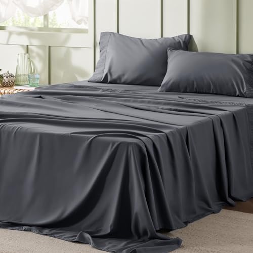 Bedsure King Size Sheets Grey - Soft Sheets for King Size Bed, 4 Pieces Hotel Luxury King Sheets, Easy Care Polyester Microfiber Cooling Bed Sheet Set