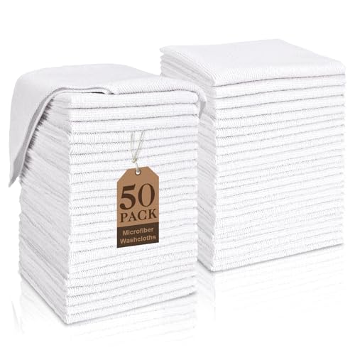 White Washcloths Bulk 50 Pack, Highly Absorbent & Quick Drying Face Towels, Premium Quality Soft Bath Towels, Multipurpose Microfiber Wash Cloths, 12x12 inches