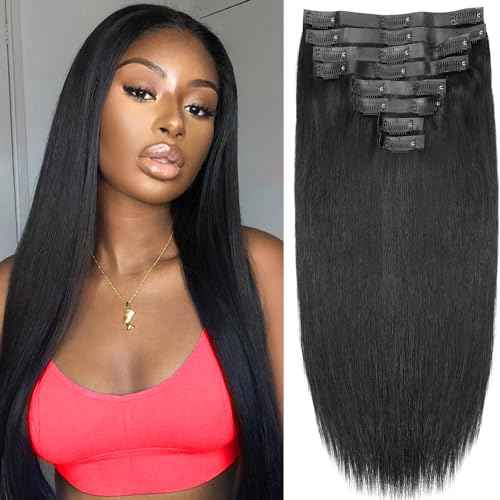 Seamless Clip in Hair Extensions Human Hair Full Head Natural Black PU Seamless Hair Extensions Straight 8pcs 120g Clip ins 100% Remy Human Hair Extensions For Women (16 inch, #1B)