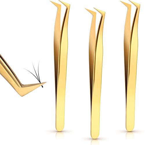 3 Pieces Volume Tweezers Eyelash Extension Tweezers Curved 6A Tip False Lash Tweezers Stainless Steel Precision Tweezers for Individual and 3D 6d Volume Eyelash Extension (Gold)