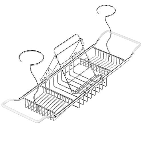 iPEGTOP Stainless Steel Bathtub Caddy Tray - Over Bath Tub Racks Shower Organizer with Extending Sides, Removable Wine Glass Book Holder