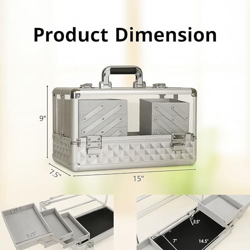 Ver Beauty Silver Diamond Makeup Train Case with 6 Accordion Trays ? Lockable Cosmetic Organizer with Spacious Interior & Clear Acrylic Top