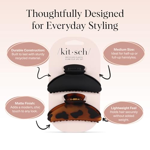 Kitsch Medium Hair Claw Clips for Women - Black & Tortoise, 2 Pack