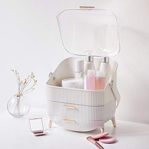 Navaris Makeup Organizer Storage Box - Cosmetics, Skincare and Beauty Case with Clear Lid Display and 2 Drawers - Bathroom Counter or Vanity - White