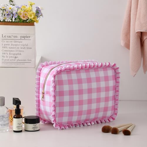 Gingham Ruffle Makeup Bag,Large Travel Cute Cosmetic Bag for Women Girls,Toiletry Bag Make up Organizer 10.8 x 4.5 x 8 inch (Pink Gingham)