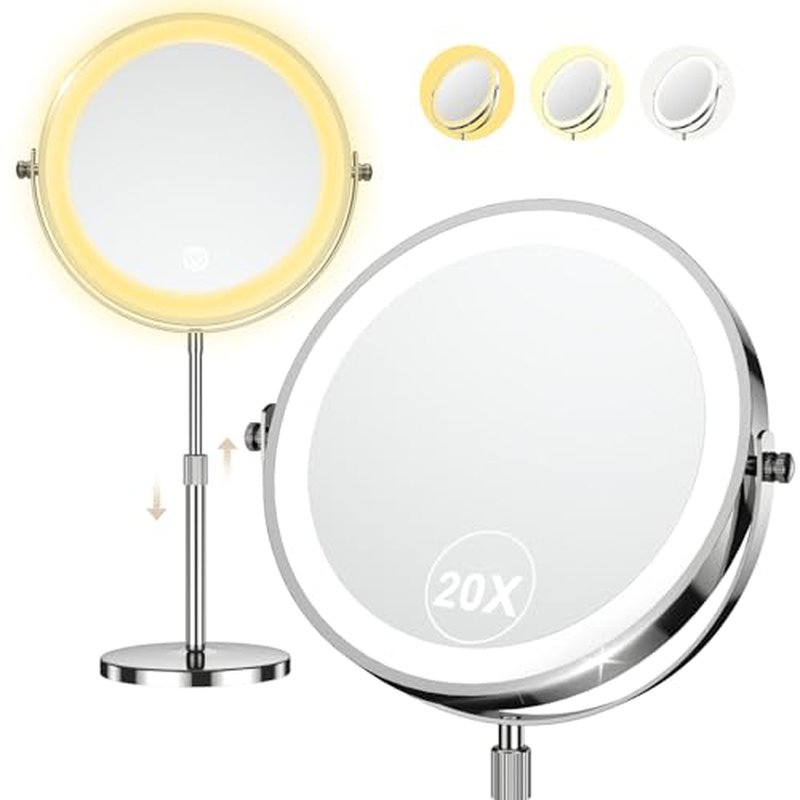 9" Makeup Mirror with Lights, 20X Vanity Mirror with Lights,3 Color Height Adjustable Lighted Makeup Mirror with Magnification, 5000mAh Rechargeable 360¡Æ Double Sided LED Mirror for Desk, Women Gift
