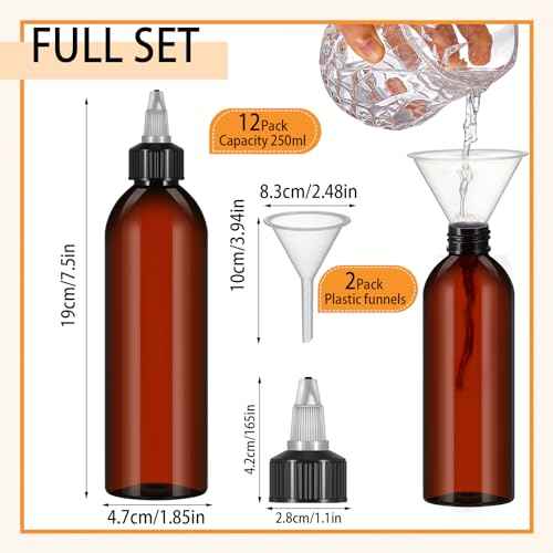 Barydat 12 Pcs Applicator Bottles for Hair, Squeeze Hair Oil Applicator Bottle Refillable Empty Plastic Bottles, Twist on Top Cap with Open Close Nozzle and 2 Funnels(8 oz,Amber)