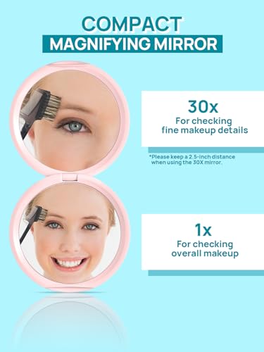 Macaki 3in Compact Dual-Sided Magnifying Mirror 1X/30X Pink