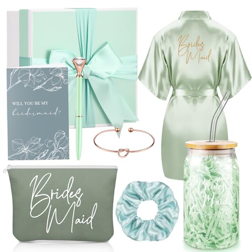 Irenare Bridesmaid Proposal Gifts Set Robes Makeup Bag Cup Cards Hair Tie Bracelet Diamond Pen Bridesmaid Gift Box(Green,8 Pcs)