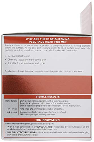 L'Oréal Paris Revitalift Bright Reveal Anti-Aging Exfoliating Peel Pads with Glycolic Acid, Reduce Wrinkles & Brighten Skin, 30 Count (Pack of 1)