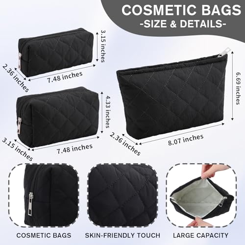 Sadnyy 3 Pcs Valentine Gift Puffy Makeup Bag Quilted Cosmetic Pouch for Women Cute Puffer Makeup Organizer Toiletry Pouch Cosmetic Bag Bridesmaids Gift Preppy Pencil Case with Zipper(Black)