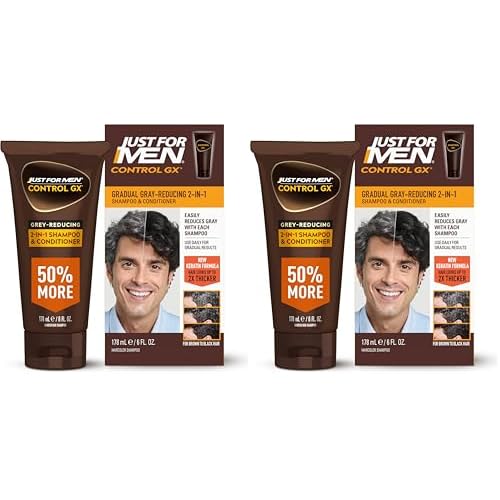 Just for Men Control GX Grey Reducing 2-in-1 Shampoo and Conditioner, Gradual Hair Color with Keratin for Stronger Thicker and Healthier Looking Hair, 6 Fl Oz - Pack of 2