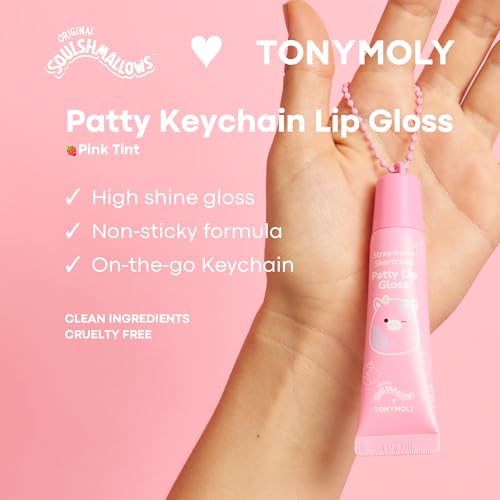 TONYMOLY x Squishmallows Patty Keychain Lip Gloss ? Strawberry Shortcake Sheer Pink Gloss, Hydrating, Non-Sticky, High Shine, 11ml