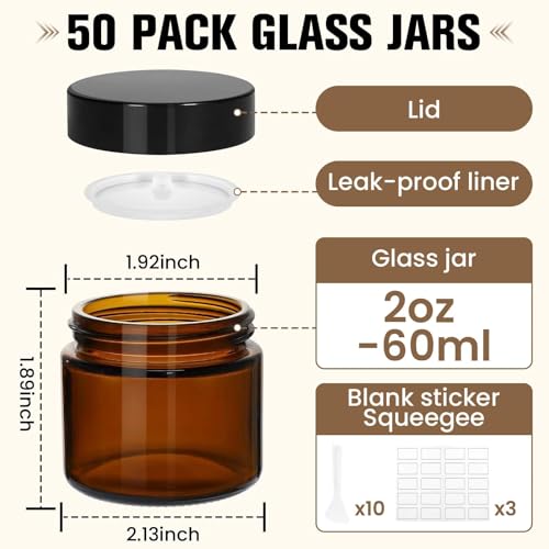 Amber Glass Jars with Lids 50 Pcs 2 oz - UV-Blocking, Leak-Proof with Labels & Spatulas (AstrivixDD)