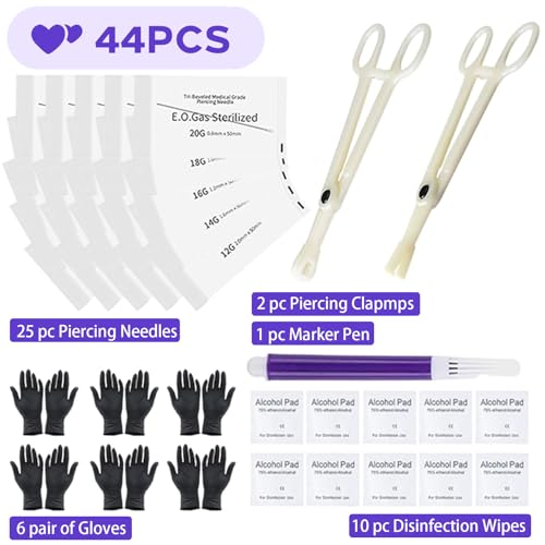 Piercing Kit 44pcs - Usiriy Piercing Needle Kit with 20G 18G 16G 14G 12G Piercing Body Piercing Tool Kit Needles Clamps Kit for Ear Nose Belly Button Tongue Eyebrow Piercing Supplies
