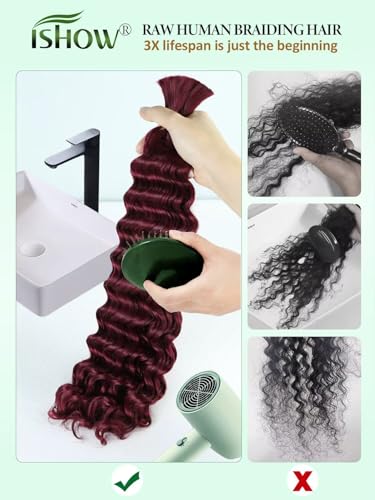 ISHOW 26 Inch Deep Wave Raw Human Hair - 99J Red Burgundy, 2 Packs