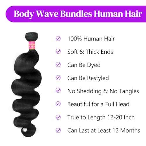 12A Human Hair Bundles Body Wave 20Inch One Bundle 100% Unprocessed Brazilian Virgin Hair Bundles Double Weft Weave Body Wave Human Hair Natural Black Color