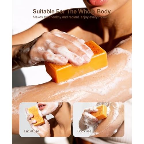 Lemon Turmeric Kojic Acid Soap, 4 Pcs Turmeric Soap Bar Infused with Hyaluronic Acid, Vitamin C£¬E, Shea Butter for Face & Body Deeply Clean, 3 Foam Nets