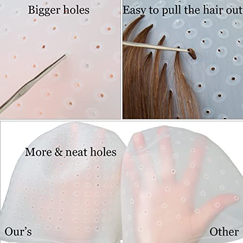 Punched Silicone Highlight Hair Cap with Needle Professional Reusable Highlighting Poked Hole Caps with Hooks for Color Hair Salon Hairdressing Dyeing Staining Tools for Women Men