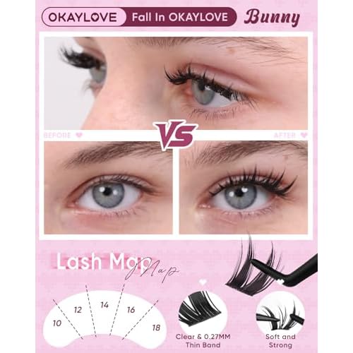 OKAYLOVE Manga Lash Clusters, BUNNY 8-18mm Natural Anime Eyelash Clusters with Spikes, 120pcs CC Curl Fairy Individual Lashes Clear Band Wispy Cluster Eyelashes Extensions for Party, Cosplay