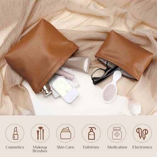 Kigeli 2 Pcs Small Makeup Bag Set for Purse PU Leather Cosmetic Bag Makeup Travel Toiletry Pouch Aesthetic Preppy Organizer Storage Pouch for Valentine Women Gift(Brown)