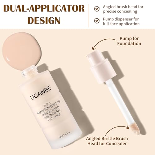 UCANBE 2-IN-1 Foundation + Concealer, Full Coverage Long-Lasting Matte Makeup for Normal, Combination and Oily Skin, Buildable Waterproof Formula with Hyaluronic Acid £¨01 Fair Ivory£©