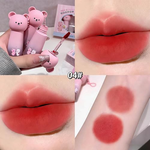 4 Colors Matte Red Liquid Lipstick Set,Cute Bear Velvet Cream Long Lasting High Impact Color Lipstick,Longwear Vegan Smooth Whip Lipstick Set for Women Valentine's Gift